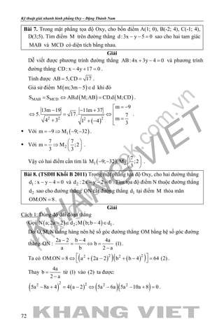 khangvietbook.com
.vn
Kỹ thuật giải nhanh hình phẳng Oxy – Đặng Thành Nam
72
Bài 7. Trong mặt phẳng tọa độ Oxy, cho bốn điểm A(1; 0), B(-2; 4), C(-1; 4),
D(3;5). Tìm điểm M trên đường thẳng d :3x y 5 0− − = sao cho hai tam giác
MAB và MCD có diện tích bằng nhau.
Giải
Dễ viết được phương trình đường thẳng AB: 4x 3y 4 0+ − = và phương trình
đường thẳng CD: x 4y 17 0− + =.
Tính được AB 5,CD 17= = .
Giả sử điểm ( )M m;3m 5 d− ∈ khi đó
( ) ( )MAB MCDS S AB.d M;AB CD.d M;CD=⇔ = .
( )2 2 22
m 9
13m 19 11m 37
5. 17. 7
m4 3 1 4 3
= −
− − + ⇔ = ⇔
 =+ + − 
.
 Với ( )1m 9 M 9; 32=− ⇒ − − .
 Với 2
7 7
m M ;2
3 3
 
= ⇒  
 
.
Vậy có hai điểm cần tìm là ( )1 2
7
M 9; 32 ,M ;2
3
 
− −  
 
.
Bài 8. (TSĐH Khối B 2011) Trong mặt phẳng tọa độ Oxy, cho hai đường thẳng
1d : x y 4 0− − = và 2d : 2x y 2 0− − =. Tìm tọa độ điểm N thuộc đường thẳng
2d sao cho đường thẳng ON cắt đường thẳng 1d tại điểm M thỏa mãn
OM.ON 8= .
Giải
Cách 1: Dùng độ dài đoạn thẳng
Gọi ( ) ( )2 1N a;2a 2 d ;M b;b 4 d− ∈ − ∈ .
Do O,M,N thẳng hàng nên hệ số góc đường thẳng OM bằng hệ số góc đường
thẳng ON :
2a 2 b 4 4a
b (1)
a b 2 a
− −
= ⇔=
−
.
Ta có ( )( ) ( )( )2 22 2
OM.ON 8 a 2a 2 b b 4 64 (2) = ⇔ + − + − =  .
Thay
4a
b
2 a
=
−
từ (1) vào (2) ta được:
( ) ( ) ( )( )
2 22 2 2
5a 8a 4 4 a 2 5a 6a 5a 10a 8 0− + = − ⇔ − − + = .
 