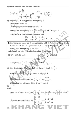 khangvietbook.com
.vn
Kỹ thuật giải nhanh hình phẳng Oxy – Đặng Thành Nam
92
1 2k 1
k
5 5 2 192
u kv M ;
3 4 2 15 15
t k t t
5 5 15
 = =    
=⇔ ⇔ ⇒   
    − =− + =    
 
.
b) Nhận thấy A,B cùng phía với đường thẳng d .
Ta có MA MB AB− ≤ .
Dấu bằng xảy ra khi và chỉ khi M AB d=  .
Phương trình đường thẳng
x 1 y 2
AB: AB:3x y 1 0
0 1 1 2
− −
= ⇔ − −=
− − −
.
Tọa độ điểm M xác định bởi hệ phương trình
( )
3x y 1 0 x 2
M 2;5
2x y 1 0 y 5
− −= = 
⇔ ⇒ 
− += = 
.
Bài 3. Trong mặt phẳng tọa độ Oxy, cho điểm M(2;1). Một đường thẳng d luôn
đi qua M cắt tia Ox,Oy theo thứ tự tại ( ) ( )A a;0 ,B 0;b với a,b 0> . Viết
phương trình đường thẳng d sao cho:
a) Diện tích tam giác OAB nhỏ nhất với O là gốc tọa độ.
b) OA OB+ nhỏ nhất. c) 2 2
1 1
OA OB
+ nhỏ nhất.
Giải
Đường thẳng
x y
d : 1
a b
+ =. Vì ( )
2 1
M 2;1 d 1
a b
∈ ⇒ + =.
a) Diện tích tam giác OAB xác định bởi OAB
1 ab
S OA.OB
2 2
= = .
Mặt khác OAB
2 1 2 1
1 2 . ab 8 S 4
a b a b
= + ≥ ⇒ ≥ ⇒ ≥ .
Đẳng thức xảy ra khi và chỉ khi
a 42 1 1
b 2a b 2
=
= = ⇔ 
=
.
Khi đó phương trình đường thẳng d : x 2y 4 0+ − =.
b)
Cách 1:
Ta có ( )
2 1 a 2b a 2b
OA OB a b a b 3 3 2 . 3 2 2
a b b a b a
 
+ = + = + + = + + ≥ + = + 
 
.
Đẳng thức xảy ra khi và chỉ khi
a 2b
a 2 2b a
2 1 b 2 11
a b

=  = + 
⇔ 
= + + =

.
 