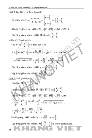 khangvietbook.com
.vn
Kỹ thuật giải nhanh hình phẳng Oxy – Đặng Thành Nam
94
Cách 2. Gọi ( )I x;y là điểm thỏa mãn
4
x
4 3x 0 4 43
IA IB IC 0 I ;
4 3y 0 4 3 3
y
3

=− =   
+ + = ⇔ ⇔ ⇒ −   − − =    = −

   
.
Khi đó ( ) ( ) ( )P IA IM IB IM IC IM 3 IM 3IM 0= − + − + − = = ≥
      
.
Dấu bẳng xảy ra khi và chỉ khi
4 4
M I M ;
3 3
 
≡ ⇔ − 
 
.
b) Cách 1: Tính trực tiếp
Gọi
2x 12
N x;
3
+ 
∈∆ 
 
theo trên ta có
( ) ( ) ( )
2
2 2 22x 12
P 4 3x 4 3. 4 3x 2x 16
3
+ 
= − + − − = − + − − 
 
.
2
2 20 3136 3136
13x 40x 272 13 x
13 13 13
 
= + + = + + ≥ 
 
.
Dấu bẳng xảy ra khi và chỉ khi
20 4
x y
13 9
=− ⇒ =− .
Vậy P đạt giá trị nhỏ nhất khi
20 4
M ;
13 9
 
− − 
 
.
Cách 2: Tính gián tiếp.
Gọi điểm
2x 12
M x;
3
+ 
∈∆ 
 
.
Như trên điểm I thỏa mãn
4 4
IA IB IC 0 I ;
3 3
 
+ + = ⇔ − 
 
   
.
Khi đó ( ) ( ) ( )P IA IM IB IM IC IM 3 IM 3IM= − + − + − = =
      
.
( ) ( )
2 2
2 24 2x 12 4
3 x 3x 4 2x 16
3 3 3
+   
= − + + = − + +   
   
.
2
20 3136 3136
13 x
13 13 13
 
= + + ≥ 
 
.
Dấu bẳng xảy ra khi và chỉ khi
20 4
x y
13 9
=− ⇒ =− .
Vậy P đạt giá trị nhỏ nhất khi
20 4
M ;
13 9
 
− − 
 
ta có kết quả tương tự.
 