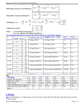 Chuyên đề: VẬT LÝ HẠT NHÂN ÔN THI ĐH-CĐ
Email:lvhungqt@gmail.com Trang 11
-Khối lượng còn lại của X sau thời gian t :
.0
0 0.2 .
2
t
tT
t
T
m
m m m e 

   .
-Số hạt nhân X còn lại sau thời gian t :
.0
0 0.2 .
2
t
tT
t
T
N
N N N e 

  
- Độ phóng xạ:
t
N
Htb


 ;
T
t
T
t
H
H
H

 2.
2
0
0
hay
t
t
eH
e
H
H 


 .0
0
Với :
ln 2
T
 
-Công thức tìm số mol :
A
m
N
N
n
A

-Chú ý: + t và T phải đưa về cùng đơn vị .
+ m và m0 cùng đơn vị và không cần đổi đơn vị
Các trường hợp đặc biệt, học sinh cần nhớ để giải nhanh các câu hỏi trắc nghiệm:
t
Còn lại N= N0 2
t
T
 Tỉ số N/N0 hay (%) Bị phân rã N0 – N (%) Tỉ số
(N0- N)/N0
Tỉ số
(N0- N)/N
t =T
N = N0
1
2 = 0 0
1
2 2
N N

1/2 hay ( 50%) N0/2 hay ( 50%) 1/2 1
t =2T
N = N0
2
2
= 0 0
2
2 4
N N

1/4 hay (25%) 3N0/4 hay (75%) 3/4 3
t =3T
N = N0
3
2
= 0 0
3
2 8
N N

1/8 hay (12,5%) 7N0/8 hay (87,5%) 7/8 7
t =4T
N = N0
4
2
= 0 0
4
2 16
N N

1/16 hay (6,25%) 15N0/16 hay (93,75%) 15/16 15
t =5T
N = N0
5
2
= 0 0
5
2 32
N N

1/32 hay (3,125%) 31N0/32 hay (96,875%) 31/32 31
t =6T
N = N0
6
2
= 0 0
6
2 64
N N

1/64 hay (1,5625%) 63N0/64 hay (98,4375%) 63/64 63
t =7T
N = N0
7
2
= 0 0
7
2 128
N N

1/128 hay (0,78125%) 127N0/128 hay (99,21875%) 127/128 127
t =8T
N = N0
8
2
= 0 0
8
2 256
N N

1/256 hay(0,390625%) 255N0/256 hay (99,609375%) 255/256 255
t =9T ................. ----------- ---------- ------- -------
Hay:
Thời gian t T 2T 3T 4T 5T 6T 7T
Còn lại: N/N0 hay m/m0 1/2 1/22
1/23
1/24
1/25
1/26
1/27
Đã rã: (N0 – N)/N0 1/2 3/4 7/8 15/16 31/32 63/64 127/128
Tỉ lệ % đã rã 50% 75% 87,5% 93,75% 96,875% 98,4375% 99,21875%
Tỉ lệ ( tỉ số) hạt đã rã và còn lại 1 3 7 15 31 63 127
Tỉ lệ ( tỉ số) hạt còn lại và đã bị
phân rã
1 1/3 1/7 1/15 1/31 1/63 1/127
b. Bài tập:
Bài 1: Chất Iốt phóng xạ 131
53I dùng trong y tế có chu kỳ bán rã 8 ngày đêm. Nếu nhận được 100g chất này thì sau 8 tuần
lễ còn bao nhiêu?
 