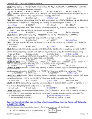 Chuyên đề: VẬT LÝ HẠT NHÂN ÔN THI ĐH-CĐ
Email:lvhungqt@gmail.com Trang 9
Câu 2: Đồng vị phóng xạ côban 60
27 Co phát ra tia -
và tia . Biết Co nm 55,940u;m 1,008665u;  pm 1,007276u .
Năng lượng liên kết của hạt nhân côban là bao nhiêu?
A. 10
E 6,766.10 J
  B. 10
E 3,766.10 J
  C. 10
E 5,766.10 J
  D. 10
E 7,766.10 J
 
Câu 3: Biết khối lượng của hạt nhân U238 là 238,00028u, khối lượng của prôtôn và nơtron là mP=1.007276U; mn =
1,008665u; 1u = 931 MeV/ c2
. Năng lượng liên kết của Urani 238
92 U là bao nhiêu?
A. 1400,47 MeV B. 1740,04 MeV C.1800,74 MeV D. 1874 MeV
Câu 4: Biết khối lượng của prôtôn mp=1,0073u, khối lượng nơtron mn=1,0087u, khối lượng của hạt nhân đơteri
mD=2,0136u và 1u=931MeV/c2. Năng lượng liên kết riêng của hạt nhân nguyên tử đơteri D2
1 là
A. 1,12MeV B. 2,24MeV C. 3,36MeV D. 1,24MeV
Câu 5: Khối lượng của hạt nhân 10
4 Belà 10,0113u; khối lượng của prôtôn mp = 1,0072u, của nơtron mn = 1,0086; 1u =
931 MeV/c 2
. Năng lượng liên kết riêng của hạt nhân này là bao nhiêu?
A. 6,43 MeV B. 6,43 MeV C. 0,643 MeV D. Một giá trị khác
Câu 6: Hạt nhân
20
10 Ne có khối lượng Nem 19,986950u . Cho biết p nm 1,00726u;m 1,008665u; 
2
1u 931,5MeV / c . Năng lượng liên kết riêng của
20
10 Ne có giá trị là bao nhiêu?
A. 5,66625eV B. 6,626245MeV C. 7,66225eV D. 8,02487MeV
Câu 7: Tính năng lượng liên kết riêng của hạt nhân37
17Cl . Cho biết: mp = 1,0087u; mn = 1,00867u; mCl = 36,95655u;
1u = 931MeV/c2
A. 8,16MeV B. 5,82 MeV C. 8,57MeV D. 9,38MeV
Câu 8. Hạt nhân hêli ( 4
2 He) có năng lượng liên kết là 28,4MeV; hạt nhân liti ( 7
3 Li) có năng lượng liên kết là 39,2MeV;
hạt nhân đơtêri( 2
1 D) có năng lượng liên kết là 2,24MeV. Hãy sắp theo thứ tự tăng dần về tính bền vững của chúng:
A. liti, hêli, đơtêri. B. đơtêri, hêli, liti. C. hêli, liti, đơtêri. D. đơtêri, liti, hêli.
Câu 9. Hạt  có khối lượng 4,0015u, biết số Avôgađrô NA = 6,02.1023
mol-1
, 1u = 931MeV/c2
. Các nuclôn kết hợp với
nhau tạo thành hạt , năng lượng tỏa ra khi tạo thành 1mol khí Hêli là
A. 2,7.1012
J B. 3,5. 1012
J C. 2,7.1010
J D. 3,5. 1010
J
Câu 10(ĐH–2007): Cho:mC = 12,00000 u; mp = 1,00728 u; mn = 1,00867 u; 1u = 1,66058.10-27
kg; 1eV = 1,6.10-19
J ; c =
3.108
m/s. Năng lượng tối thiểu để tách hạt nhân C 12
6 thành các nuclôn riêng biệt bằng
A. 72,7 MeV. B. 89,4 MeV. C. 44,7 MeV. D. 8,94 MeV.
Câu 11(CĐ-2008):HạtnhânCl17
37
có khối lượng nghỉ bằng 36,956563u. Biết khối lượng của nơtrôn (nơtron) là1,008670u,
khối lượng của prôtôn (prôton) là 1,007276u và u = 931 MeV/c2
. Năng lượng liên kết riêng của hạt nhân p
ur
bằng
A. 9,2782 MeV. B. 7,3680 MeV. C. 8,2532 MeV. D. 8,5684 MeV.
Câu 12(ÐH– 2008): Hạt nhân 10
4 Be có khối lượng 10,0135u. Khối lượng của nơtrôn (nơtron) mn = 1,0087u, khối lượng
của prôtôn (prôton) mP = 1,0073u, 1u = 931 MeV/c2
. Năng lượng liên kết riêng của hạt nhân 10
4 Be là
A. 0,6321 MeV. B. 63,2152 MeV. C. 6,3215 MeV. D. 632,1531 MeV.
Câu 13(CĐ- 2009): Biết khối lượng của prôtôn; nơtron; hạt nhân 16
8 O lần lượt là 1,0073 u; 1,0087 u; 15,9904 u và 1u =
931,5 MeV/c2
. Năng lượng liên kết của hạt nhân 16
8 O xấp xỉ bằng
A. 14,25 MeV. B. 18,76 MeV. C. 128,17 MeV. D. 190,81 MeV.
Câu 14. (ĐH- 2010)Cho khối lượng của prôtôn; nơtron; 40
18 Ar; 6
3 Li lần lượt là: 1,0073u; 1,0087u; 39,9525u; 6,0145 u và
1u = 931,5 MeV/c2
. So với năng lượng liên kết riêng của hạt nhân 6
3 Li thì năng lượng liên kết riêng của hạtnhân 40
18 Ar
A. lớn hơn một lượng là 5,20 MeV. B. lớn hơn một lượng là 3,42 MeV.
C. nhỏ hơn một lượng là 3,42 MeV. D. nhỏ hơn một lượng là 5,20 MeV.
Dạng 3: Tính số hạt nhân nguyên tử và số nơtron, prôtôn có trong m lượng chất hạt nhân.
a.PHƯƠNG PHÁP:
Cho khối lượng mhoặc số mol của hạt nhân XA
Z . Tìmsố hạt p , n có trong mẫu hạt nhân đó .
 Nếu có khối lượng msuy ra số hạt hạt nhân X là : N = AN
A
m
. (hạt) .
 
