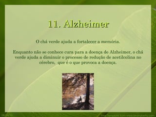 11. Alzheimer 08/24/10 Free Template from www.brainybetty.com O chá verde ajuda a fortalecer a memória. Enquanto não se conhece cura para a doença de Alzheimer, o chá verde ajuda a diminuir o processo de redução de acetilcolina no cérebro,  que é o que provoca a doença. 