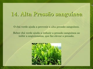 14. Alta Pressão sanguínea 08/24/10 Free Template from www.brainybetty.com O chá verde ajuda a prevenir a alta pressão sanguínea. Beber chá verde ajuda a reduzir a pressão sanguínea ao inibir a angiotensina, que faz elevar a pressão. 