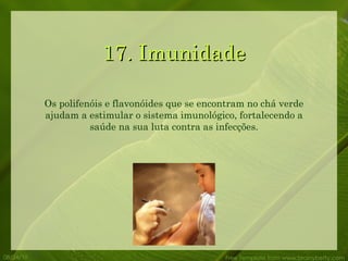 17. Imunidade 08/24/10 Free Template from www.brainybetty.com Os polifenóis e flavonóides que se encontram no chá verde ajudam a estimular o sistema imunológico, fortalecendo a saúde na sua luta contra as infecções. 
