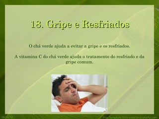 18. Gripe e Resfriados 08/24/10 Free Template from www.brainybetty.com O chá verde ajuda a evitar a gripe e os resfriados. A vitamina C do chá verde ajuda o tratamento do resfriado e da gripe comum. 