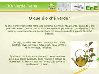 O que é o chá verde? O chá é proveniente das folhas da  Camellia Sinensis . Atualmente, cerca de 3 mil produtos levam o nome de chá mas, na verdade, podem ser considerados chás mesmo, somente aqueles que tenham em sua composição a planta  Camellia sinensis .  Ou seja, aqueles que nós chamamos de chá de hortelã, erva-cidreira e outros são, para sermos mais corretos, infusões.  Qualquer chá, independentemente do tratamento pelo qual tenha passado, pode receber a adição de outras folhas, frutas secas ou flores, cujo sabor se mistura com o seu.  Chá Verde Tiens 
