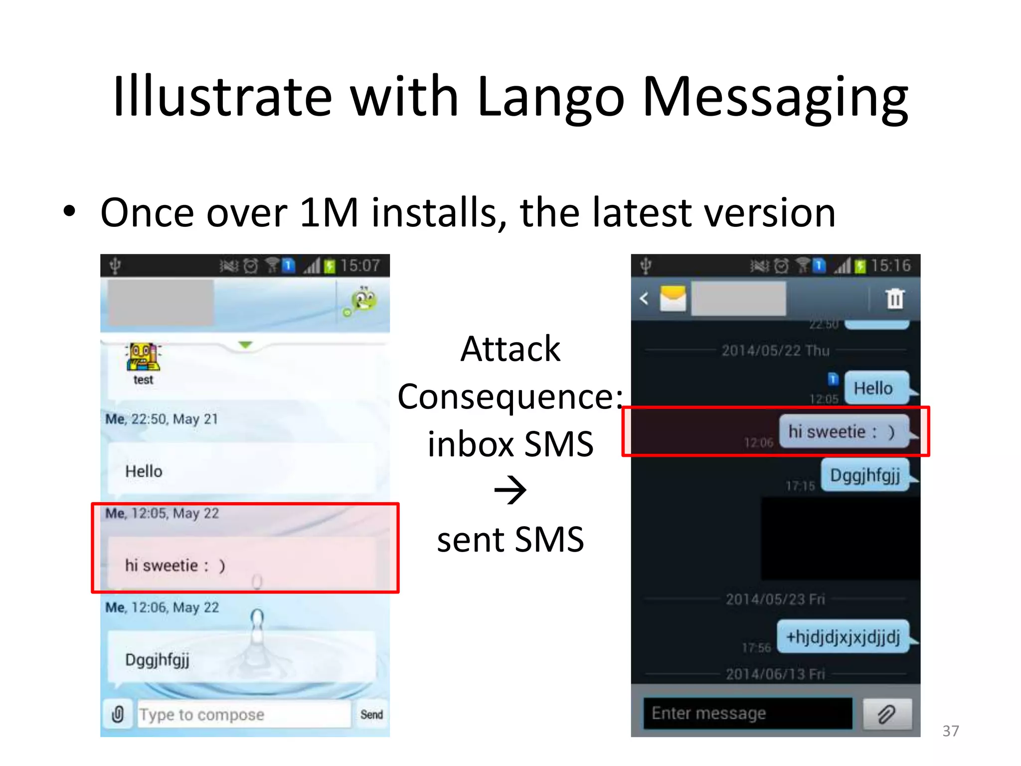 Illustrate with Lango Messaging
• Once over 1M installs, the latest version
37
Attack
Consequence:
inbox SMS

sent SMS
 
