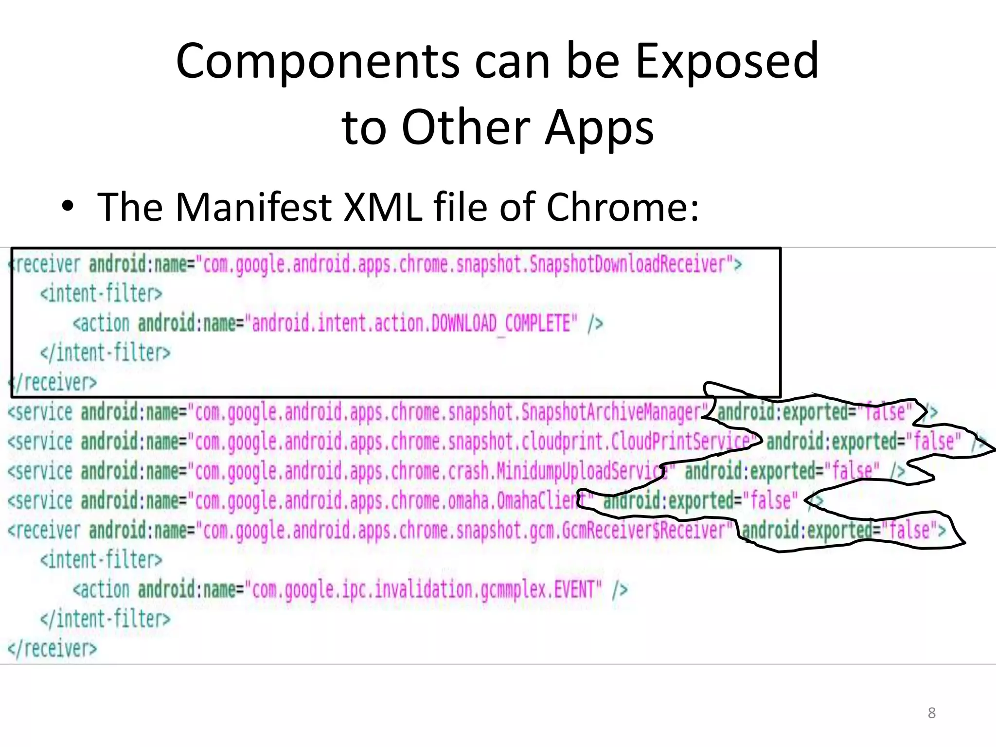 Components can be Exposed
to Other Apps
• The Manifest XML file of Chrome:
8
 