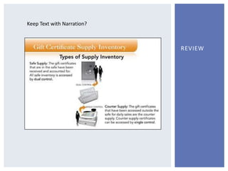 View the following illustrations and evaluate the application of the Redundancy Principle.How would you handle text and narration for each slide?Review