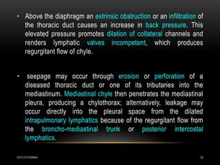CHYLOTHORAX 12
• Above the diaphragm an extrinsic obstruction or an infiltration of
the thoracic duct causes an increase in back pressure. This
elevated pressure promotes dilation of collateral channels and
renders lymphatic valves incompetent, which produces
regurgitant flow of chyle.
• seepage may occur through erosion or perforation of a
diseased thoracic duct or one of its tributaries into the
mediastinum. Mediastinal chyle then penetrates the mediastinal
pleura, producing a chylothorax; alternatively, leakage may
occur directly into the pleural space from the dilated
intrapulmonary lymphatics because of the regurgitant flow from
the broncho-mediastinal trunk or posterior intercostal
lymphatics.
 