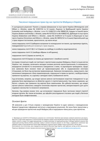 issued by the Registrar of the Court
ECHR 027 (2021)
21.01.2021
Численні порушення прав під час протестів Майдану в Україн...