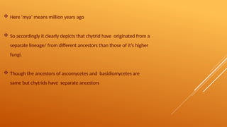  Here ‘mya’ means million years ago
 So accordingly it clearly depicts that chytrid have originated from a
separate lineage/ from different ancestors than those of it’s higher
fungi.
 Though the ancestors of ascomycetes and basidiomycetes are
same but chytrids have separate ancestors
 