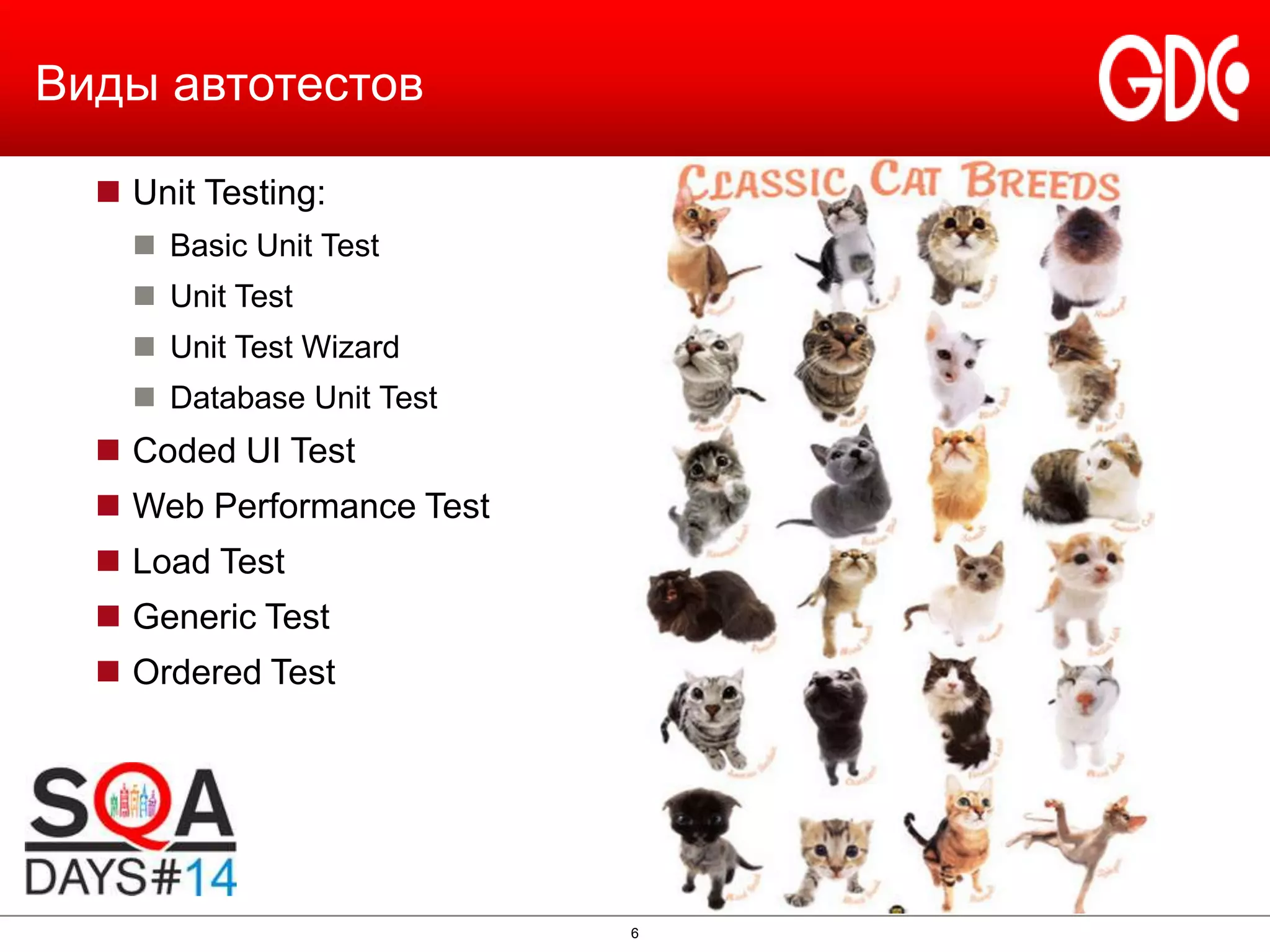 Виды автотестов
 Unit Testing:
 Basic Unit Test
 Unit Test
 Unit Test Wizard

 Database Unit Test

 Coded UI Test
 Web Performance Test
 Load Test

 Generic Test
 Ordered Test

6

 