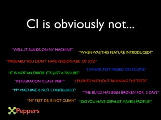 CI is obviously not...
“WELL, IT BUILDS ON MY MACHINE”
“PROBABLYYOU DON’T HAVEVERSION ABC OF XYZ”
“I SWEAR,TEST PASSED ON ECLIPSE”
“IT IS NOT AN ERROR, IT’S JUST A FAILURE”
“I PUSHED WITHOUT RUNNING THE TESTS”
“WHEN WAS THIS FEATURE INTRODUCED?”
“MY MACHINE IS NOT CONFIGURED”
“THE BUILD HAS BEEN BROKEN FOR 3 DAYS”
“MY TEST DB IS NOT CLEAN” “DOYOU HAVE DEFAULT MAVEN PROFILE?”
“INTEGRATION IS LAST PART”
 