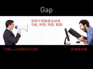 Gap 
發佈不明確產⽣生誤會 
功能, 時間, 地點, 範圍 
10個issue中哪些可以測? 持續被中斷 
 