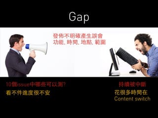 Gap 
發佈不明確產⽣生誤會 
功能, 時間, 地點, 範圍 
10個issue中哪些可以測? 持續被中斷 
看不件進度很不安 花很多時間在 
Content switch 
 