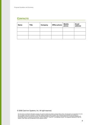 Proposal Quotation and Summary
CONTACTS
Name Title Company Office phone
Mobile
phone
Email
address
© 2008 Cast Iron Systems, Inc. All right reserved.
This document is provided for information purposes only and the contents are subject to change without notice. This document is not warranted to be error-
free, nor subject to any other warranties or conditions, whether expressed orally or implied in law, including implied warranties and conditions of
merchantability or fitness for a particular purpose. We specifically disclaim any liability with respect to this document and no contractual obligations are
formed either directly or indirectly by this document. Cast Iron Systems™, Cast Iron™, and Application Router™ are registered trademarks of Cast Iron
Systems. Other names may be trademarks of their respective owners.
8
 