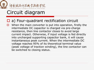 Circuit diagram
 a) Four-quadrant rectification circuit
 When the main converter is put into operation, firstly the
intermediate DC capacitor is charged via pre-charge
resistance, then line contactor closes to avoid large
current impact. Otherwise, if input voltage is fed directly
into uncharged supporting capacitor bank, it will cause
instantaneous peak current. When the intermediate DC
voltage reaches 95% of its theoretical terminal value
(peak voltage of traction winding), the line contactor can
be switched to closing status.
 