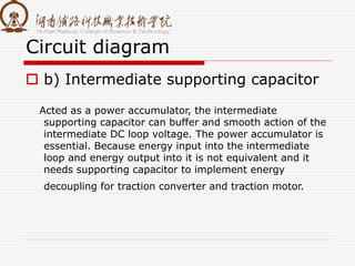 Circuit diagram
 b) Intermediate supporting capacitor
Acted as a power accumulator, the intermediate
supporting capacitor can buffer and smooth action of the
intermediate DC loop voltage. The power accumulator is
essential. Because energy input into the intermediate
loop and energy output into it is not equivalent and it
needs supporting capacitor to implement energy
decoupling for traction converter and traction motor.
 