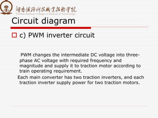 Circuit diagram
 c) PWM inverter circuit
PWM changes the intermediate DC voltage into three-
phase AC voltage with required frequency and
magnitude and supply it to traction motor according to
train operating requirement.
Each main converter has two traction inverters, and each
traction inverter supply power for two traction motors.
 