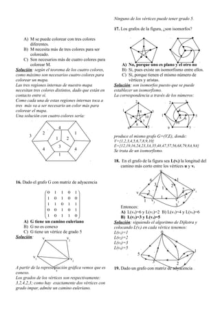 A) M se puede colorear con tres colores
diferentes.
B) M necesita más de tres colores para ser
coloreado.
C) Son necesarios más de cuatro colores para
colorear M.
Solución: según el teorema de los cuatro colores,
como máximo son necesarios cuatro colores para
colorear un mapa.
Las tres regiones internas de nuestro mapa
necesitan tres colores distintos, dado que están en
contacto entre sí.
Como cada una de estas regiones internas toca a
tres más va a ser necesario un color más para
colorear el mapa.
Una solución con cuatro colores sería:
16. Dado el grafo G con matriz de adyacencia
















0
1
1
0
1
1
0
1
0
0
1
1
0
1
1
0
0
1
0
1
1
0
1
1
0
A) G tiene un camino euleriano
B) G no es conexo
C) G tiene un vértice de grado 5
Solución:
A partir de la representación gráfica vemos que es
conexo.
Los grados de los vértices son respectivamente:
3,2,4,2,3; como hay exactamente dos vértices con
grado impar, admite un camino euleriano.
Ninguno de los vértices puede tener grado 5.
17. Los grafos de la figura, ¿son isomorfos?
A) No, porque uno es plano y el otro no
B) Sí, pues existe un isomorfismo entre ellos.
C) Sí, porque tienen el mismo número de
vértices y aristas.
Solución: son isomorfos puesto que se puede
establecer un isomorfismo.
La correspondencia a través de los números:
produce el mismo grafo G=(V,E), donde:
V={1,2,3,4,5,6,7,8,9,10}
E={12,19,16,24,23,3A,35,48,47,57,56,68,79,8A,9A}
Se trata de un isomorfismo.
18. En el grafo de la figura sea L(vi) la longitud del
camino más corto entre los vértices u y vi
Entonces:
A) L(v4)=6 y L(v2)=2 B) L(v3)=4 y L(v4)=6
B) L(v3)=3 y L(v4)=5
Solución: siguiendo el algoritmo de Dijkstra y
colocando L(vi) en cada vértice tenemos:
L(v1)=1
L(v2)=2
L(v3)=3
L(v4)=5
19. Dado un grafo con matriz de adyacencia
6
3
1
2
1
2
1
3
1 1
2
v2
v3
v1
v4
u
4
2
4
1
2
3
1
4
1
3
v1
v2
v3
v4
v5
1
1
2 2
3
3
4 4
5
5
6 7
6
7
8
8
9
9
10
10
2
3
1
5
0
 