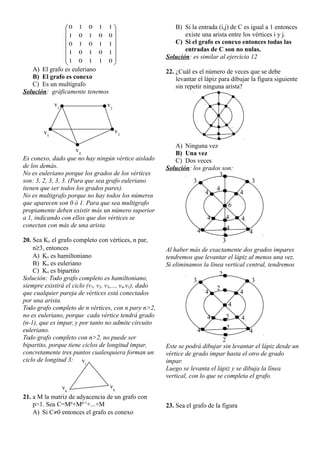 















0
1
1
0
1
1
0
1
0
1
1
1
0
1
0
0
0
1
0
1
1
1
0
1
0
A) El grafo es euleriano
B) El grafo es conexo
C) Es un multigrafo
Solución: gráficamente tenemos
Es conexo, dado que no hay ningún vértice aislado
de los demás.
No es euleriano porque los grados de los vértices
son: 3, 2, 3, 3, 3. (Para que sea grafo euleriano
tienen que ser todos los grados pares).
No es multigrafo porque no hay todos los números
que aparecen son 0 ó 1. Para que sea multigrafo
propiamente deben existir más un número superior
a 1, indicando con ellos que dos vértices se
conectan con más de una arista.
20. Sea Kn el grafo completo con vértices, n par,
n3, entonces
A) Kn es hamiltoniano
B) Kn es euleriano
C) Kn es bipartito
Solución: Todo grafo completo es hamiltoniano,
siempre existirá el ciclo (v1, v2, v3,..., vn,v1), dado
que cualquier pareja de vértices está conectados
por una arista.
Todo grafo completo de n vértices, con n pary n>2,
no es euleriano, porque cada vértice tendrá grado
(n-1), que es impar, y por tanto no admite circuito
euleriano.
Todo grafo completo con n>2, no puede ser
bipartito, porque tiene ciclos de longitud impar,
concretamente tres puntos cualesquiera forman un
ciclo de longitud 3:
21. a M la matriz de adyacencia de un grafo con
p>1. Sea C=Mp
+Mp-1
+...+M
A) Si C0 entonces el grafo es conexo
B) Si la entrada (i,j) de C es igual a 1 entonces
existe una arista entre los vértices i y j.
C) Si el grafo es conexo entonces todas las
entradas de C son no nulas.
Solución: es similar al ejercicio 12
22. ¿Cuál es el número de veces que se debe
levantar el lápiz para dibujar la figura siguiente
sin repetir ninguna arista?
A) Ninguna vez
B) Una vez
C) Dos veces
Solución: los grados son:
Al haber más de exactamente dos grados impares
tendremos que levantar el lápiz al menos una vez.
Si eliminamos la línea vertical central, tendremos
Este se podrá dibujar sin levantar el lápiz desde un
vértice de grado impar hasta el otro de grado
impar.
Luego se levanta el lápiz y se dibuja la línea
vertical, con lo que se completa el grafo.
23. Sea el grafo de la figura
v1
v2
v3
v4
v5
vk
vk
vi
3
3
3
4
4
4
6
4
4
4
4
4
4
3
3
3
2
4
4
2
4
4
2
4
4
2
4
2
 