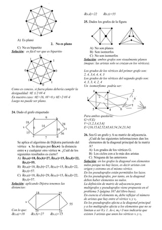 A) Es plano
2. No es plano
C) No es bipartito
Solución: es fácil ver que es bipartito
Como es conexo, si fuera plano debería cumplir la
desigualdad: #E  2·#V-4
En nuestro caso: #E=16, #V=8 y #E>2·#V-4
Luego no puede ser plano.
24. Dado el grafo etiquetado
Se aplica el algoritmo de Dijkstra partiendo del
vértice s. Se designa por (s,w) la distancia
entre s y cualquier otro vértice w. ¿Cuál de los
siguientes resultados es cierto?
A) (s,a)=18, (s,b)=27, (s,c)=15, (s,d)=22,
(s,t)=55.
B) (s,a)=18, (s,b)=27, (s,c)=15, (s,d)=22,
(s,t)=57.
C) (s,a)=18, (s,b)=29, (s,c)=15, (s,d)=22,
(s,t)=57.
Solución: aplicando Dijstra tenemos las
distancias:
Con lo que:
(s,a)=18 (s,b)=27 (s,c)=15
(s,d)=22 (s,t)=55
25. Dados los grafos de la figura
A) No son planos
B) Son isomorfos
C) No son isomorfos
Solución: ambos grafos son visualmente planos
(mapas: las aristas solo se cruzan en los vértices).
Los grados de los vértices del primer grafo son:
2, 4, 3,4, 4, 4, 3
Los grados de los vértices del segundo grafo son:
4, 3, 3, 4, 2, 4
Un isomorfismo podría ser:
Para ambos quedaría:
G=(V,E)
V={1,2,3,4,5,6}
E={16,15,62,52,65,63,54,24,23,34}
26. Sea G un grafo y A su matriz de adyacencia.
¿Cuál de las siguientes informaciones dan los
elementos de la diagonal principal de la matriz
A?
A) Los grados de los vértices G.
B) Los ciclos con a lo más dos aristas
C) Ninguna de las anteriores
Solución: en los grafos la diagonal son elementos
nulos porque no hay lazos, es decir aristas con
origen y extremo en el mismo vértice.
En los pseudografos están permitidos los lazos.
En los pseudografos, por tanto, en la diagonal
deben haber elementos no nulos.
La definición de matriz de adyacencia para
multigrafos y pseudografos viene propuesta en el
problema 5 (página 167 del libro base).
En esencia el elemento mij debe reflejar el número
de aristas que hay entre el vértice vi y vj.
En los pseudografos afecta a la diagonal principal
y a los multigrafos afecta a los elementos que no se
limitan a ser 0 y 1. As-i, mij=3 nos indicaría que
existen 3 aristas que unen los vértices vi y vj.
1
1
1
1
0
0
0
0
s
18
15 22
27
55
s
a
c d
b
t
18
15
7
28
9
14
10
6
36
1
6 3
4
5
1
2
3 4
2
6 5
 