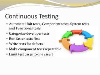 Continuous Testing
 Automate Unit tests, Component tests, System tests
and Functional tests.
 Categorize developer tests
 Run faster tests first
 Write tests for defects
 Make component tests repeatable
 Limit test cases to one assert
 