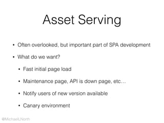 @MichaelLNorth
Asset Serving
• Often overlooked, but important part of SPA development
• What do we want?
• Fast initial page load
• Maintenance page, API is down page, etc…
• Notify users of new version available
• Canary environment
 