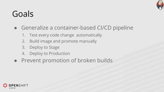 ● Generalize a container-based CI/CD pipeline
1. Test every code change automatically
2. Build image and promote manually
3. Deploy to Stage
4. Deploy to Production
● Prevent promotion of broken builds
Goals
 
