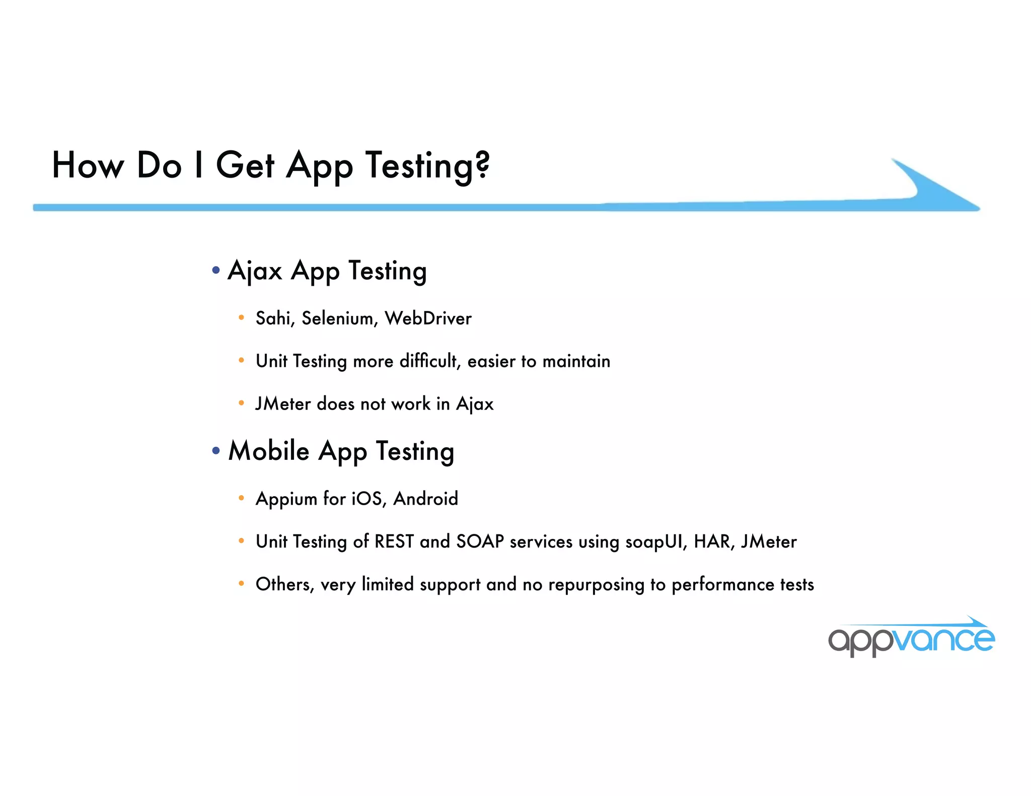 How Do I Get App Testing? •Ajax App Testing • Sahi, Selenium, WebDriver • Unit Testing more difficult, easier to maintain • JMeter does not work in Ajax •Mobile App Testing • Appium for iOS, Android • Unit Testing of REST and SOAP services using soapUI, HAR, JMeter • Others, very limited support and no repurposing to performance tests 