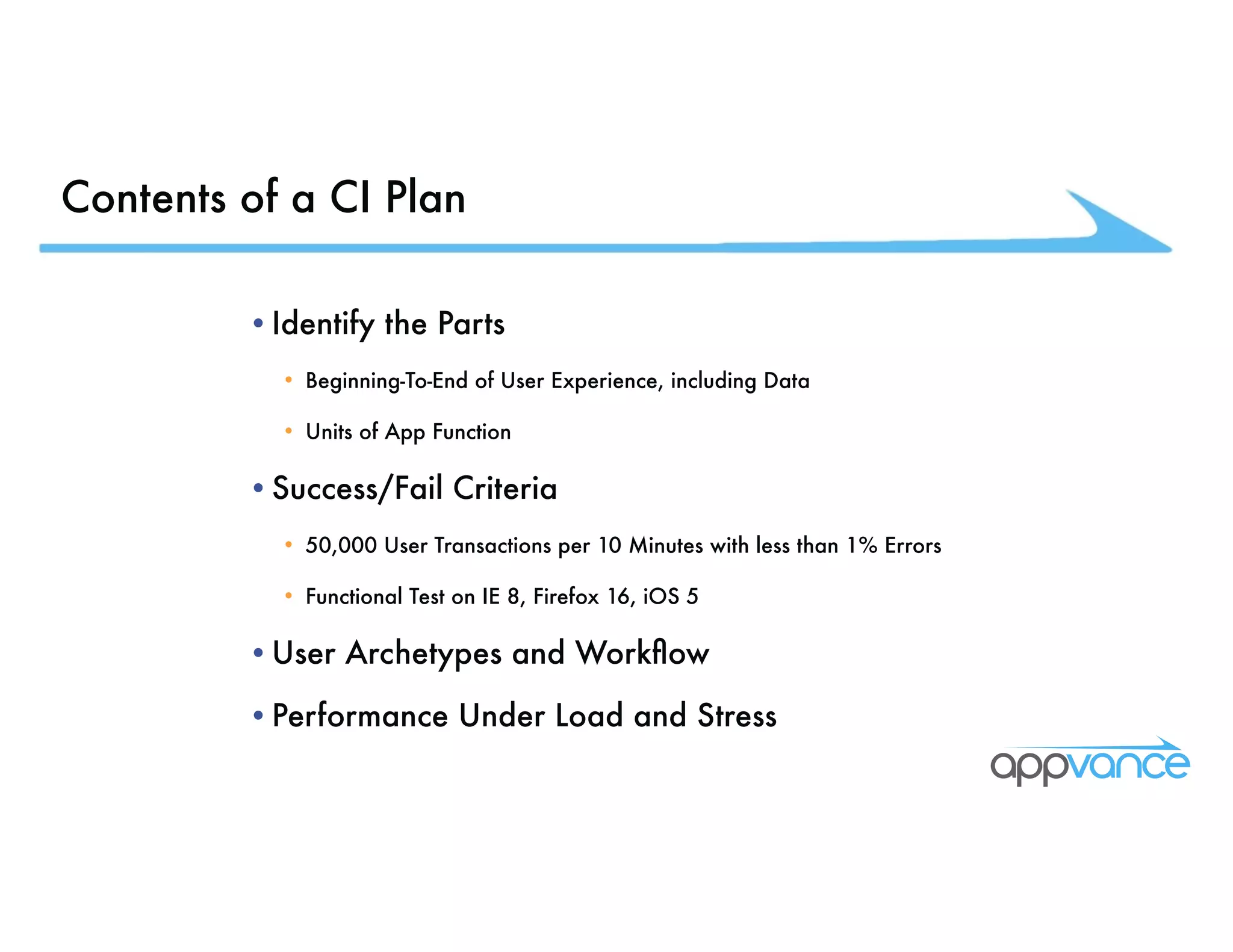 Contents of a CI Plan •Identify the Parts • Beginning-To-End of User Experience, including Data • Units of App Function •Success/Fail Criteria • 50,000 User Transactions per 10 Minutes with less than 1% Errors • Functional Test on IE 8, Firefox 16, iOS 5 •User Archetypes and Workflow •Performance Under Load and Stress 