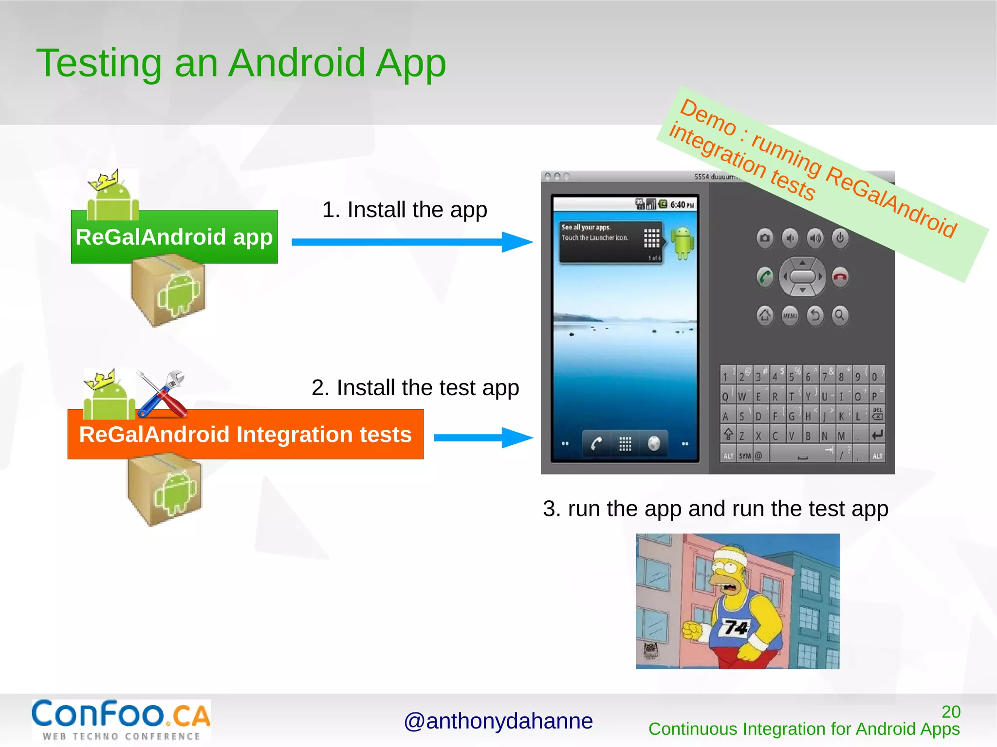@anthonydahanne 20
Continuous Integration for Android Apps
Testing an Android App
ReGalAndroid app
ReGalAndroid Integration tests
1. Install the app
2. Install the test app
3. run the app and run the test app
Demo : running ReGalAndroid
integration tests
 