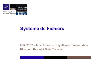 CSC 3102
Système de Fichiers
CSC3102 – Introduction aux systèmes d’exploitation
Élisabeth Brunet & Gaël Thomas
 