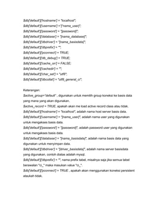 $db['default']['hostname'] = "localhost";
$db['default']['username'] =”[“nama_user]”;
$db['default']['password'] = "[password]";
$db['default']['database'] = "[nama_database]";
$db['default']['dbdriver'] = "[nama_basisdata]";
$db['default']['dbprefix'] = "";
$db['default']['pconnect'] = TRUE;
$db['default']['db_debug'] = TRUE;
$db['default']['cache_on'] = FALSE;
$db['default']['cachedir'] = "";
$db['default']['char_set'] = "utf8";
$db['default']['dbcollat'] = "utf8_general_ci";


Keterangan:
$active_group=”default” , digunakan untuk memilih group koneksi ke basis data
yang mana yang akan digunakan.
$active_record = TRUE, apakah akan me load active record class atau tidak.
$db['default']['hostname'] = "localhost", adalah nama host server basis data.
$db['default']['username'] = "[nama_user]", adalah nama user yang digunakan
untuk mengakses basis data.
$db['default']['password'] = "[password]", adalah password user yang digunakan
untuk mengakses basis data.
$db['default']['database'] = "[nama_basisdata]", adalah nama basis data yang
digunakan untuk menyimpan data.
$db['default']['dbdriver'] = "[driver_basisdata]", adalah nama server basisdata
yang digunakan, contoh diatas adalah mysql.
$db['default']['dbprefix'] = "", nama prefix tabel, misalnya saja jika semua tabel
berawalan "ci_" maka masukan value "ci_".
$db['default']['pconnect'] = TRUE , apakah akan menggunakan koneksi persistent
ataukah tidak.
 