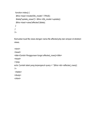 function index() {
    $this->load->model('Db_model','',TRUE);
    $data["update_siswa"] = $this->Db_model->update();
    $this->load->view('affected',$data);
 }
}
?>


Kemudian buat file views dengan nama file affected.php dan simpan di direktori
views.


<html>
<head>
<title>Contoh Penggunaan fungsi affected_rows()</title>
<head>
<?php
echo "jumlah tabel yang terpengaruh query = ".$this->db->affected_rows();
?>
</table>
</body>
</html>
 