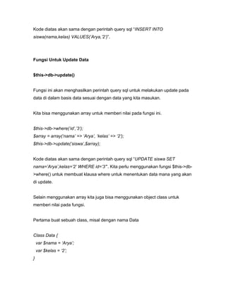 Kode diatas akan sama dengan perintah query sql “INSERT INTO
siswa(nama,kelas) VALUES(‘Arya,’2’)”.




Fungsi Untuk Update Data


$this->db->update()


Fungsi ini akan menghasilkan perintah query sql untuk melakukan update pada
data di dalam basis data sesuai dengan data yang kita masukan.


Kita bisa menggunakan array untuk memberi nilai pada fungsi ini.


$this->db->where(‘id’,’3’);
$array = array(‘nama’ => ‘Arya’, ‘kelas’ => ‘2’);
$this->db->update(‘siswa’,$array);


Kode diatas akan sama dengan perintah query sql “UPDATE siswa SET
nama=’Arya’,kelas=’2’ WHERE id=’3’”. Kita perlu menggunakan fungsi $this->db-
>where() untuk membuat klausa where untuk menentukan data mana yang akan
di update.


Selain menggunakan array kita juga bisa menggunakan object class untuk
memberi nilai pada fungsi.


Pertama buat sebuah class, misal dengan nama Data


Class Data {
    var $nama = ‘Arya’;
    var $kelas = ‘2’;
}
 