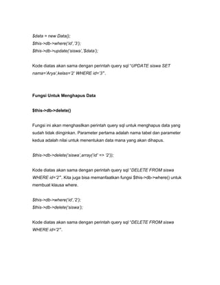 $data = new Data();
$this->db->where(‘id’,’3’);
$this->db->update(‘siswa’,’$data’);


Kode diatas akan sama dengan perintah query sql “UPDATE siswa SET
nama=’Arya’,kelas=’2’ WHERE id=’3’”.




Fungsi Untuk Menghapus Data


$this->db->delete()


Fungsi ini akan menghasilkan perintah query sql untuk menghapus data yang
sudah tidak diinginkan. Parameter pertama adalah nama tabel dan parameter
kedua adalah nilai untuk menentukan data mana yang akan dihapus.


$this->db->delete(‘siswa’,array(‘id’ => ‘2’));


Kode diatas akan sama dengan perintah query sql “DELETE FROM siswa
WHERE id=’2’”. Kita juga bisa memanfaatkan fungsi $this->db->where() untuk
membuat klausa where.


$this->db->where(‘id’,’2’);
$this->db->delete(‘siswa’);


Kode diatas akan sama dengan perintah query sql “DELETE FROM siswa
WHERE id=’2’”.
 