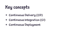 Key concepts
4 Continuous Delivery (CD)
4 Continuous Integration (CI)
4 Continuous Deployment
 