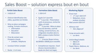Sales Boost – solution express bout en bout
Forfait Sales Boost
• 3 650 € HT
• Choix et identification des
cibles, quantit...