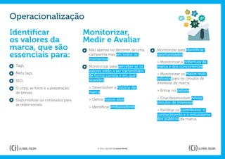 5º

Operacionalização
                                                                                                     3º
                                                                                          6º    4º        2º
                                                                                               7º    1º

Identificar                         Monitorizar,
os valores da                       Medir e Avaliar
marca, que são                       Não apenas no decorrer de uma           Monitorizar para identificar
essenciais para:                     campanha mas em todos os
                                     momentos;
                                                                             oportunidades:

                                                                             > Monitorizar a cobertura da
 Tags;                               Monitorizar para perceber se os         marca e dos concorrentes;
                                     valores estão a ser transmitidos
 Meta tags;                                                                  > Monitorizar os meios mais
                                     de forma correta e em que
                                     ocasiões:                               valiosos para os círculos de
 SEO;
                                                                             interesse da marca;
 O copy, as fotos e a preparação     > Desenvolver a história da
                                     marca;                                  > Entrar no debate;
 de breves;
                                     > Definir meios-alvo;                   > Criar/desenvolver novos
 Disponibilizar os conteúdos para
                                                                             círculos de interesse.
 as redes sociais.
                                     > Identificar embaixadores.
                                                                             > Partilhar os contributos, o
                                                                             conhecimento e o entusiasmo
                                                                             dos públicos da marca.




                                          © 2012 Copyright Ci Global Media
 