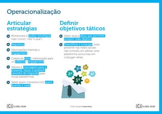 Operacionalização
Articular                            Definir
estratégias                          objetivos táticos
 Monitorizar e avaliar estratégias    Saber qual a tática que permitirá
 (não “como”, mas “o quê”).           cumprir cada objetivo.

 Segurança.                           Diversificar e conjugar: estar
                                      presente nas redes sociais
 Informações internas e               não consiste em adotar uma
 engagement.                          plataforma única mas em
 Cadeia de valor / informação para    conjugar várias.
 os públicos / engagement.

 Valores e mensagens para o                                    5º
 presente, futuro e possível                        3º
 caminho de migração para                2º                  4º          6º
 novas plataformas.

 Saber quem conversa com quem,
                                                   1º             7º
 quando e onde.




                                           © 2012 Copyright Ci Global Media
 