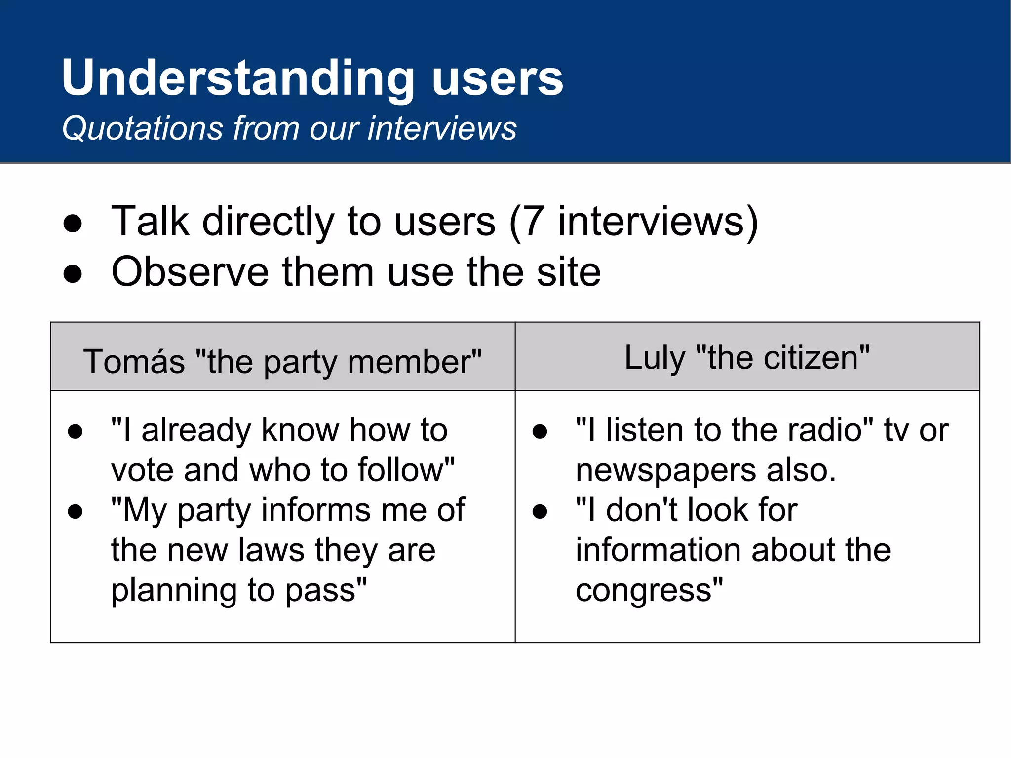 Understanding users
Quotations from our interviews
● Talk directly to users (7 interviews)
● Observe them use the site
Tomás "the party member" Luly "the citizen"
● "I already know how to
vote and who to follow"
● "My party informs me of
the new laws they are
planning to pass"
● "I listen to the radio" tv or
newspapers also.
● "I don't look for
information about the
congress"
 