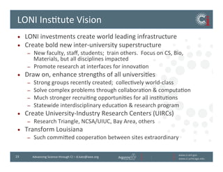 www.ci.anl.gov	
  
www.ci.uchicago.edu	
  
23	
   Advancing	
  Science	
  through	
  CI	
  –	
  d.katz@ieee.org	
  
LONI	
  InsBtute	
  Vision	
  
•  LONI	
  investments	
  create	
  world	
  leading	
  infrastructure	
  
•  Create	
  bold	
  new	
  inter-­‐university	
  superstructure	
  
–  New	
  faculty,	
  staﬀ,	
  students;	
  	
  train	
  others.	
  	
  Focus	
  on	
  CS,	
  Bio,	
  
Materials,	
  but	
  all	
  disciplines	
  impacted	
  
–  Promote	
  research	
  at	
  interfaces	
  for	
  innovaBon	
  
•  Draw	
  on,	
  enhance	
  strengths	
  of	
  all	
  universiBes	
  
–  Strong	
  groups	
  recently	
  created;	
  	
  collecBvely	
  world-­‐class	
  
–  Solve	
  complex	
  problems	
  through	
  collaboraBon	
  	
  computaBon	
  
–  Much	
  stronger	
  recruiBng	
  opportuniBes	
  for	
  all	
  insBtuBons	
  
–  Statewide	
  interdisciplinary	
  educaBon	
  	
  research	
  program	
  
•  Create	
  University-­‐Industry	
  Research	
  Centers	
  (UIRCs)	
  
–  Research	
  Triangle,	
  NCSA/UIUC,	
  Bay	
  Area,	
  others	
  
•  Transform	
  Louisiana	
  
–  Such	
  commived	
  cooperaBon	
  between	
  sites	
  extraordinary	
  
 