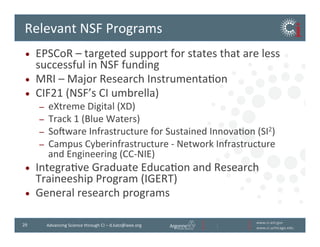 www.ci.anl.gov	
  
www.ci.uchicago.edu	
  
29	
   Advancing	
  Science	
  through	
  CI	
  –	
  d.katz@ieee.org	
  
Relevant	
  NSF	
  Programs	
  
•  EPSCoR	
  –	
  targeted	
  support	
  for	
  states	
  that	
  are	
  less	
  
successful	
  in	
  NSF	
  funding	
  
•  MRI	
  –	
  Major	
  Research	
  InstrumentaBon	
  
•  CIF21	
  (NSF’s	
  CI	
  umbrella)	
  
–  eXtreme	
  Digital	
  (XD)	
  
–  Track	
  1	
  (Blue	
  Waters)	
  
–  Soiware	
  Infrastructure	
  for	
  Sustained	
  InnovaBon	
  (SI2)	
  
–  Campus	
  Cyberinfrastructure	
  -­‐	
  Network	
  Infrastructure	
  
and	
  Engineering	
  (CC-­‐NIE)	
  
•  IntegraBve	
  Graduate	
  EducaBon	
  and	
  Research	
  
Traineeship	
  Program	
  (IGERT)	
  
•  General	
  research	
  programs	
  
 