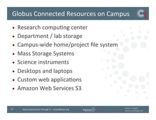 www.ci.anl.gov	
  
www.ci.uchicago.edu	
  
37	
   Advancing	
  Science	
  through	
  CI	
  –	
  d.katz@ieee.org	
  
Globus	
  Connected	
  Resources	
  on	
  Campus	
  
•  Research	
  compuBng	
  center	
  
•  Department	
  /	
  lab	
  storage	
  
•  Campus-­‐wide	
  home/project	
  ﬁle	
  system	
  
•  Mass	
  Storage	
  Systems	
  
•  Science	
  instruments	
  
•  Desktops	
  and	
  laptops	
  
•  Custom	
  web	
  applicaBons	
  
•  Amazon	
  Web	
  Services	
  S3	
  
 