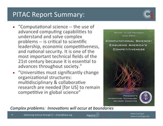 www.ci.anl.gov	
  
www.ci.uchicago.edu	
  
4	
   Advancing	
  Science	
  through	
  CI	
  –	
  d.katz@ieee.org	
  
PITAC	
  Report	
  Summary:	
  	
  
•  “ComputaBonal	
  science	
  -­‐-­‐	
  the	
  use	
  of	
  
advanced	
  compuBng	
  capabiliBes	
  to	
  
understand	
  and	
  solve	
  complex	
  
problems	
  -­‐-­‐	
  is	
  criBcal	
  to	
  scienBﬁc	
  
leadership,	
  economic	
  compeBBveness,	
  
and	
  naBonal	
  security.	
  It	
  is	
  one	
  of	
  the	
  
most	
  important	
  technical	
  ﬁelds	
  of	
  the	
  
21st	
  century	
  because	
  it	
  is	
  essenBal	
  to	
  
advances	
  throughout	
  society.”	
  
•  “UniversiBes	
  must	
  signiﬁcantly	
  change	
  
organizaBonal	
  structures:	
  	
  
mulBdisciplinary	
  &	
  collaboraBve	
  
research	
  are	
  needed	
  [for	
  US]	
  to	
  remain	
  
compeBBve	
  in	
  global	
  science”	
  
Complex	
  problems:	
  	
  Innova1ons	
  will	
  occur	
  at	
  boundaries	
  
 