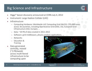 www.ci.anl.gov	
  
www.ci.uchicago.edu	
  
5	
   Advancing	
  Science	
  through	
  CI	
  –	
  d.katz@ieee.org	
  
Big	
  Science	
  and	
  Infrastructure	
  
•  Higgs*	
  boson	
  discovery	
  announced	
  at	
  CERN	
  July	
  4,	
  2012	
  
•  Instrument:	
  Large	
  Hadron	
  Collider	
  (LHC)	
  
•  Infrastructure	
  
–  CompuBng	
  Hardware:	
  Worldwide	
  LHC	
  CompuBng	
  Grid	
  (WLCG):	
  235,000	
  cores	
  
across	
  36	
  countries,	
  including	
  OpenScience	
  Grid	
  (OSG,	
  US),	
  European	
  Grid	
  
Infrastructure	
  (EGI,	
  Europe),	
  ...	
  
–  Data:	
  ~20	
  PB	
  of	
  data	
  created	
  in	
  2011-­‐2012	
  
–  Soiware:	
  grid	
  middleware,	
  physics	
  analysis	
  applicaBons,	
  ...	
  
–  Networks	
  
–  EducaBon	
  &	
  
Training	
  
•  Data	
  generated	
  	
  
centrally,	
  moved	
  	
  
(~3	
  PB/week)	
  
across	
  mulB-­‐Bered	
  	
  
infrastructure	
  to	
  be	
  	
  
compuBng	
  upon	
  
 