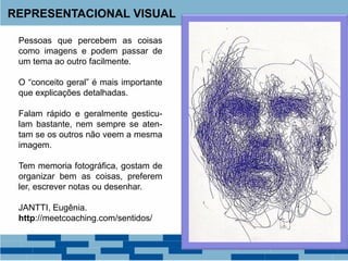 REPRESENTACIONAL VISUAL
Pessoas que percebem as coisas
como imagens e podem passar de
um tema ao outro facilmente.
O “conceito geral” é mais importante
que explicações detalhadas.
Falam rápido e geralmente gesticu-
lam bastante, nem sempre se aten-
tam se os outros não veem a mesma
imagem.
Tem memoria fotográfica, gostam de
organizar bem as coisas, preferem
ler, escrever notas ou desenhar.
JANTTI, Eugênia.
http://meetcoaching.com/sentidos/
 